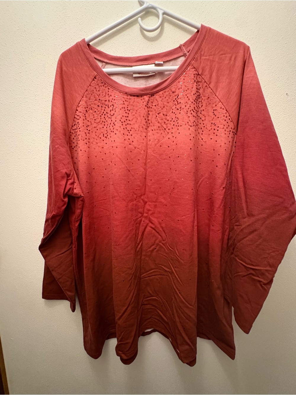 Ombre Coral Scoop Neck Long-Sleeve Top with Stud Detail